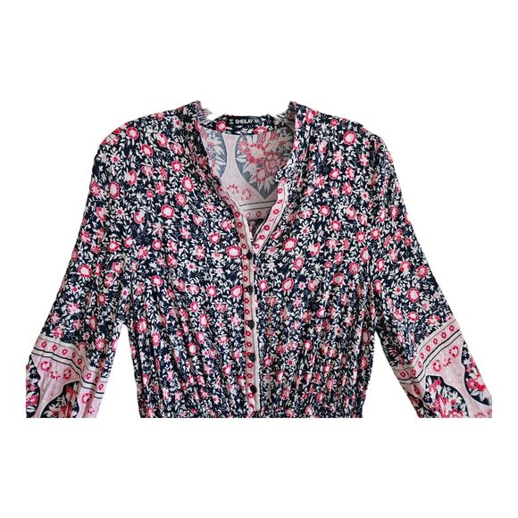SHEILAY Women's XL Dress Floral Peasant Navy Red Pink 1/2 Buttons Flare Ruffle - Picture 2 of 7